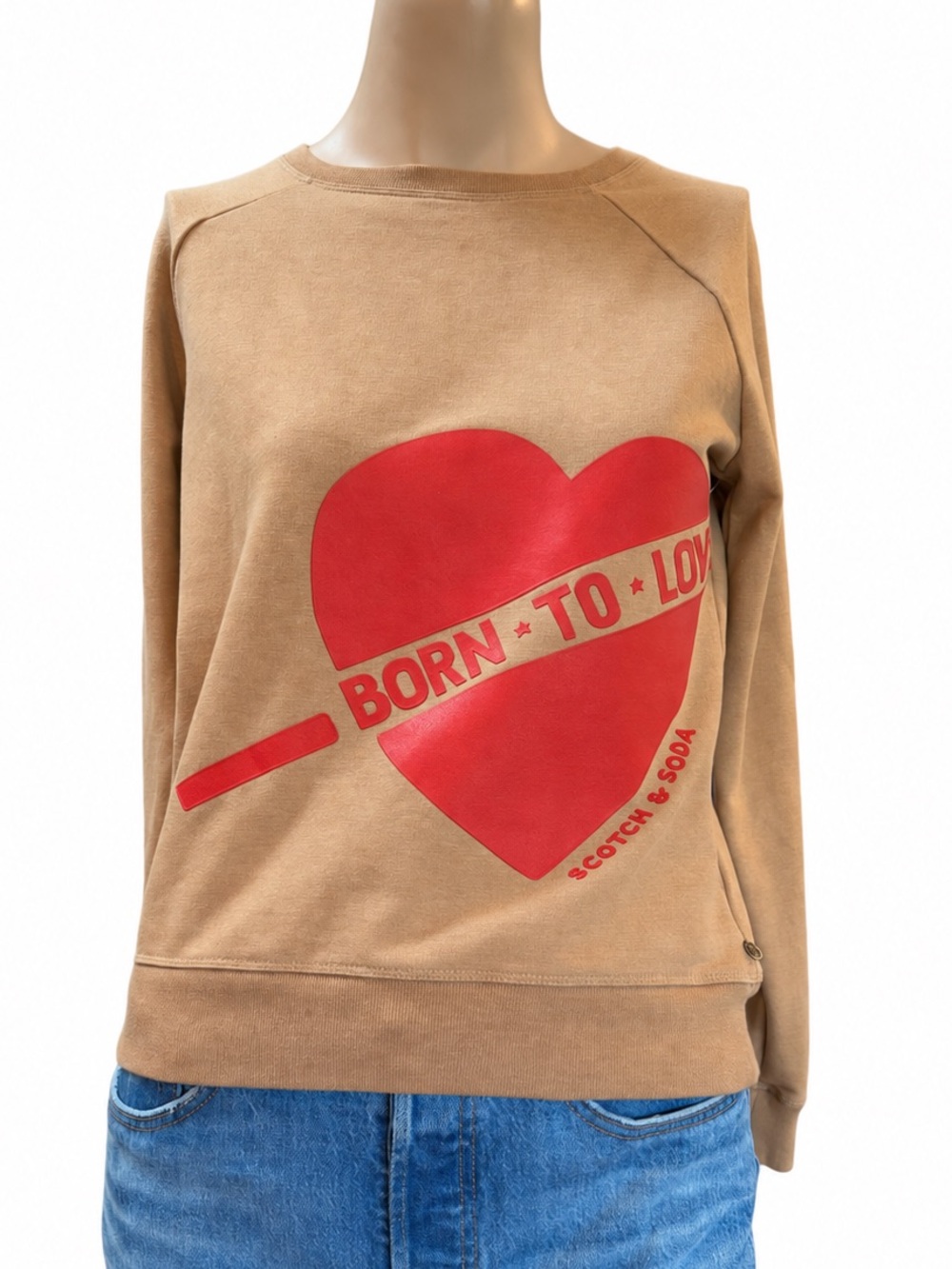 Scotch & Soda Tan Born To Love Heart Red Graphic Sweatshirt XS